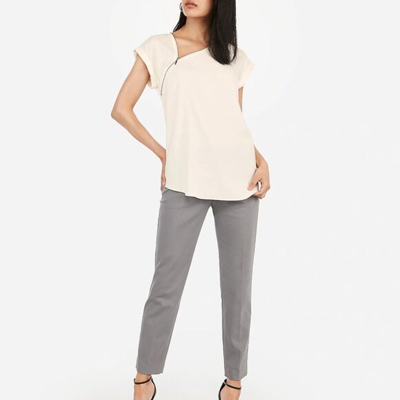 Express Zip Neck Gramercy Tee Top Blouse Ivory Cap Sleeves - Picture 3 of 7